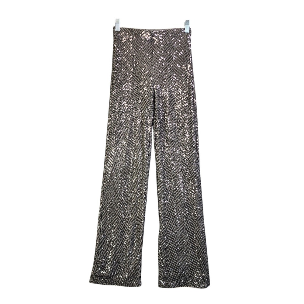 H&M Womens Gray Sequined Pants Size XS Straight Leg Silver High Rise Stretch